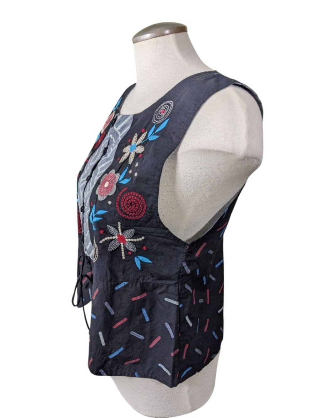 Gudrun Sjoden Womens Vest Black Gray Floral Embroidered Cotton Small Boho Artsy - Picture 2 of 6